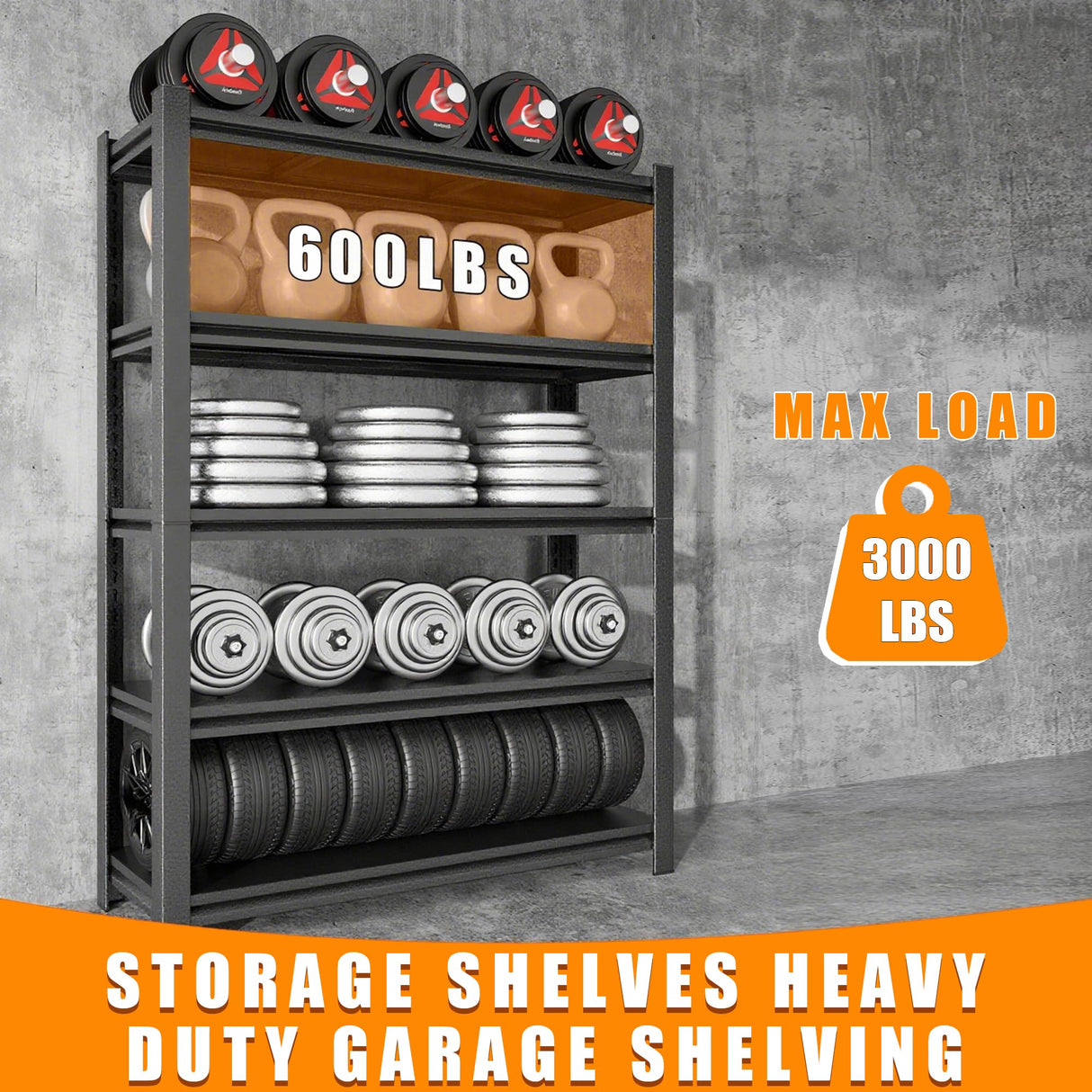 78''H Garage Shelving Heavy Duty Garage Storage Shelves, 3000 LBS Adjustable 5 Tier Industrial Shelving Unit, Metal Utility Shelf for Basement, Warehouse and Workshop (78''Hx36''Wx16''D, Black) ErgoNova