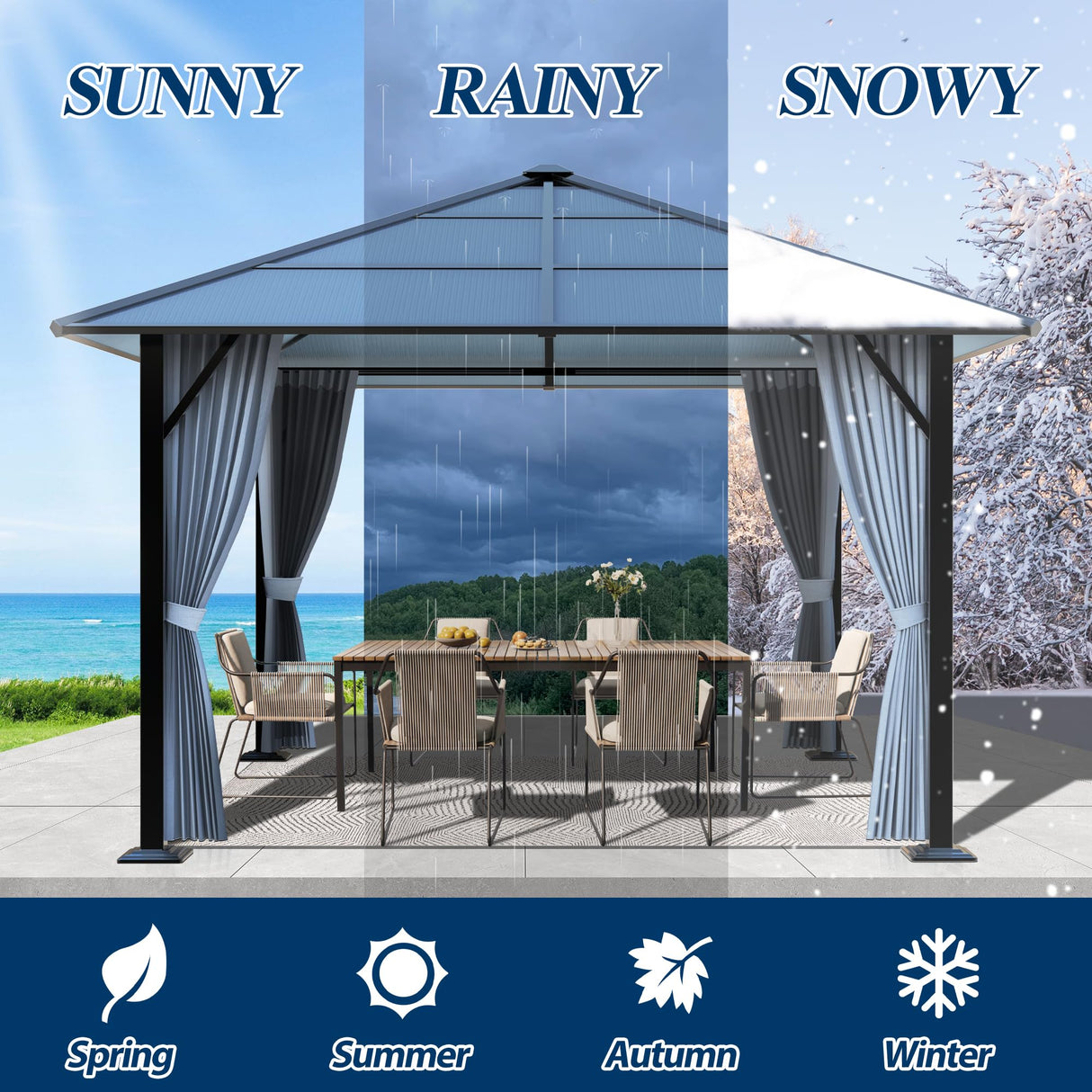 COVERONICS 10FT x 10FT Patio Polycarbonate Hardtop Gazebo with Steel Frame - Outdoor Translucent Roof Gazebo with Breathable Netting & Shaded Curtains for Porch, Lawn, Garden, Backyard, Poolside COVERONICS