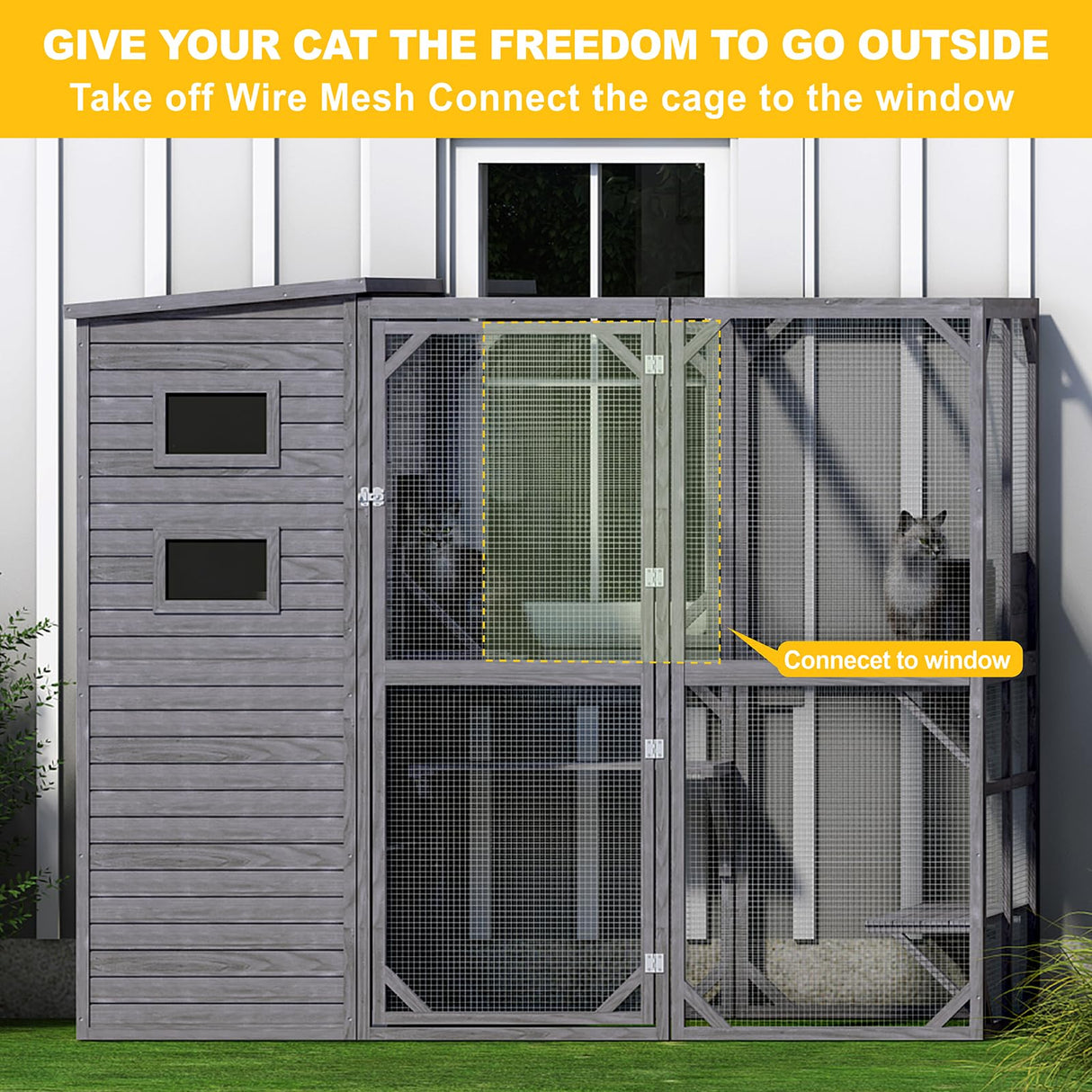 Mxsunh Large Catio Outdoor Cat Enclosure,Weatherproof Outdoor Cat House for Mulitiple Cats Play with 4 Platforms,5 Windows,Sunshine Roof,for Patio,77" L x 33.5" W x 70" H(Grey) MXSUNH