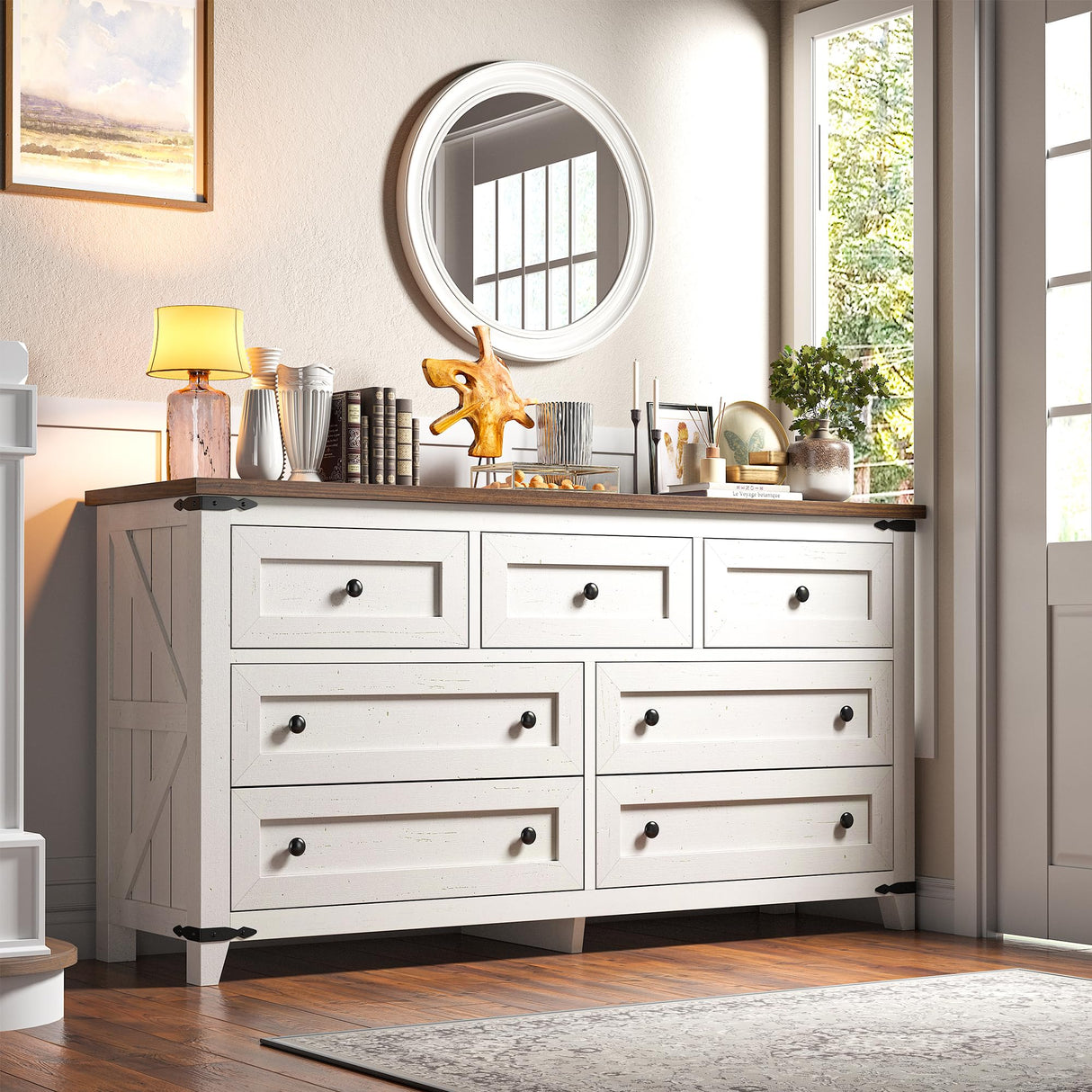 EnHomee Farmhouse 7 Drawers Dresser for Bedroom 51" Wide Wood Dressers & Chests of Drawers White Dresser with Natural Texture Bedroom Dresser TV Stand for Bedroom, Hallway, Closet, Antique White EnHomee