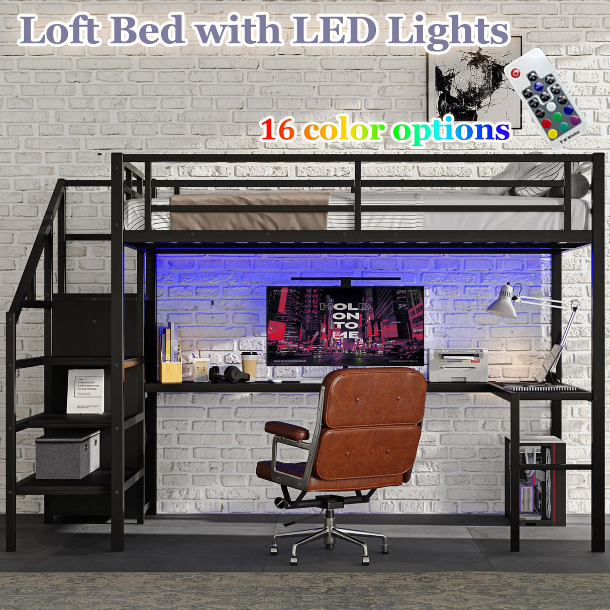 Bellemave Queen Loft Bed with Desk & Wardrobe, Heavy Duty Metal Loft Beds with Storage Stairs, LED Loft Bed Queen Size with Charging Station & Safety Guardrails, No Box Spring Needed, Black Bellemave