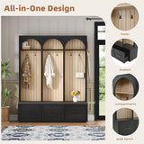 LUMISOL Farmhouse Entryway Hall Tree with Arched Design, 59" Entryway Bench with 3 Drawers, Entryway Coat Rack with 8 Retro Hooks, Rustic Hall Cabinet for Living Room Mudroom, Black LUMISOL