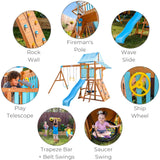 Teamson Kids Wooden Swing Sets for Backyard Outdoor Playset with Slide Rock Wall Trapeze Bar Fireman Pole Pirate Wheel Kids Playground with Swingset Holds 9 Children Ages 3 to 10 Teamson Kids