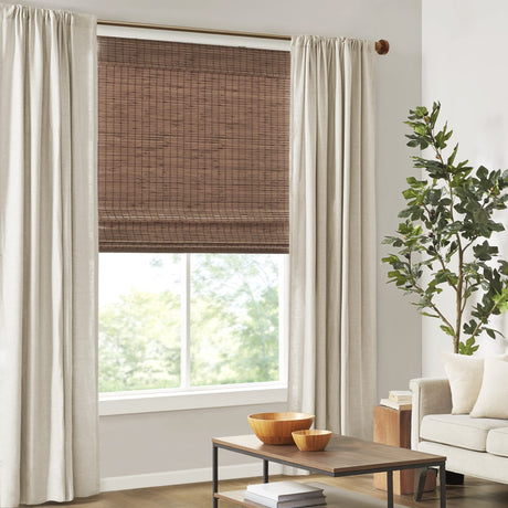 Madison Park Eastfield 100% Bamboo Cordless Roman Shades-Woven Wooden Privacy Panel, Light Filtering Easy Installation Window Blind Treatment, Bedroom, Living Room Decor, 31" W x 64" L, Teak Madison Park