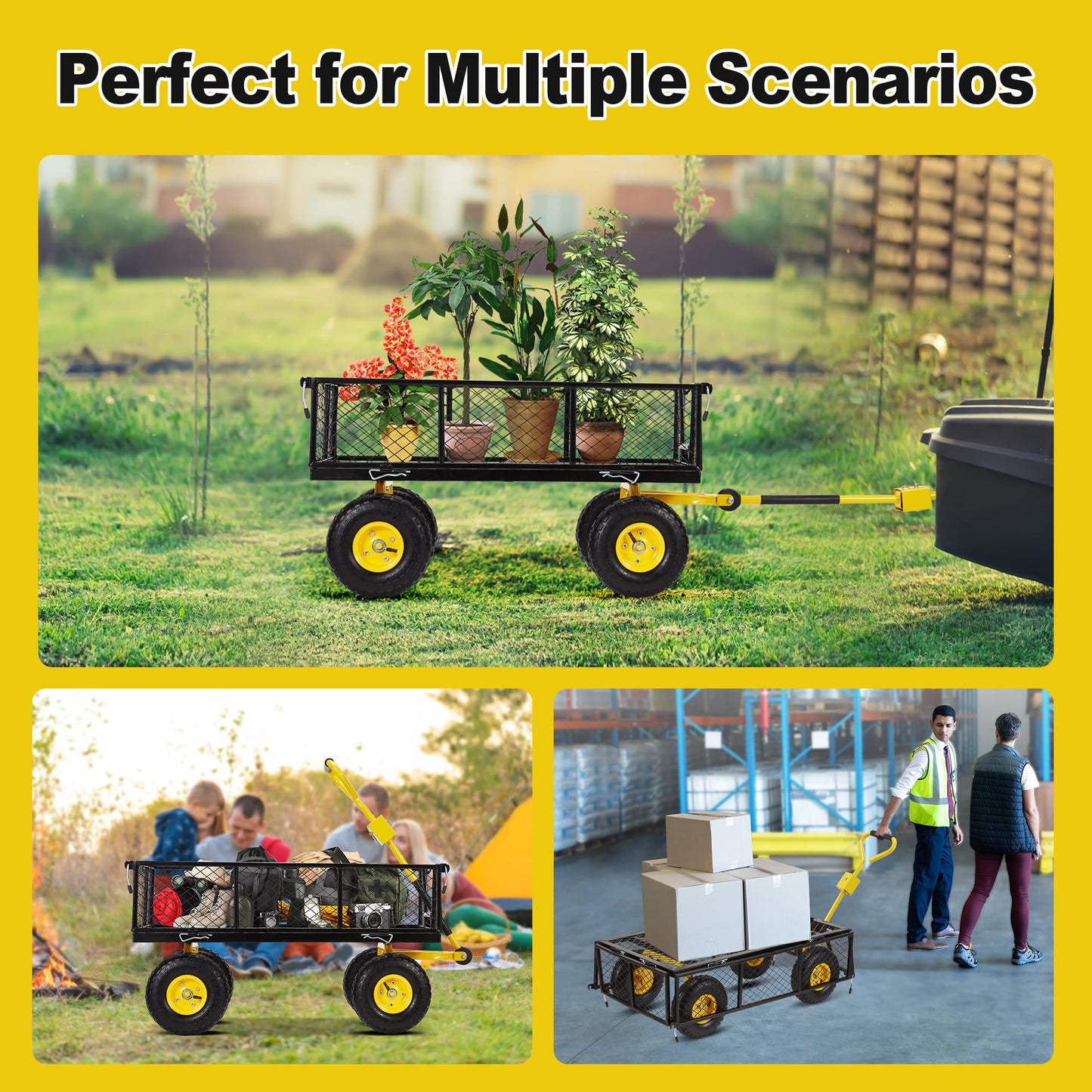 Eusuncaly Steel Garden Cart with Removable Sides, 880LBS Heavy Duty Utility Wagon Cart with Huge Pneumatic All Terrain Tires, Wagon Cart with 180°Adjustable Handle for Garden,Farm,Yard,Black - WoodArtSupply