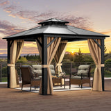 YITAHOME 10X10FT Hardtop Gazebo Outdoor Polycarbonate Patio Double Top Canopy Galvanized Iron Aluminum Column Garden Tent Curtains Netting for Backyards Decks Lawns,Brown YITAHOME