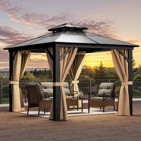 YITAHOME 10X10FT Hardtop Gazebo Outdoor Polycarbonate Patio Double Top Canopy Galvanized Iron Aluminum Column Garden Tent Curtains Netting for Backyards Decks Lawns,Brown YITAHOME