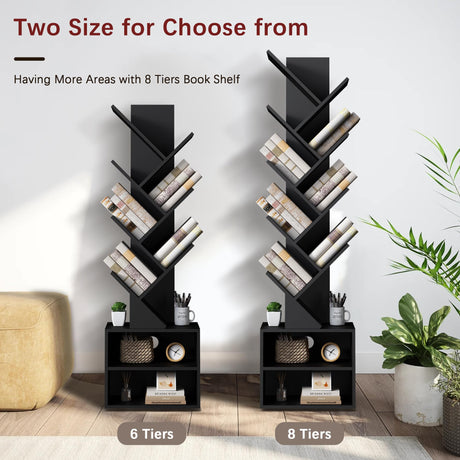 Azaeahom 6 Tier Tree Bookshelf, Wood Bookcase with Storage Cabinet, Modern Tall Narrow Bookshelves Organizer, Floor Standing Book Shelf for Bedroom/Living Room/Home Office/Corner (Black, 6 Tier) Azaeahom