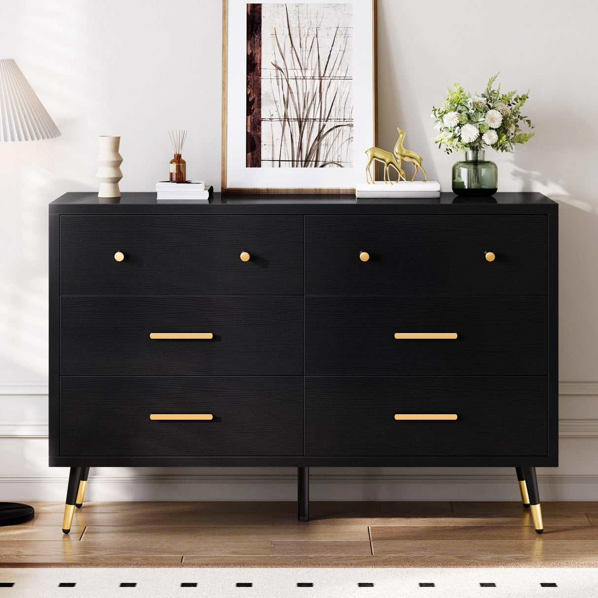 DWVO 6 Drawer Dresser, Black Wooden Drawers Storage Dresser with Golden Metal Handle ＆ Anti-Tipping Device, Modern Double Chest of Drawers for Hallway, Entryway, Living Room DWVO