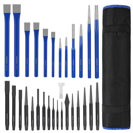 WORKPRO 30 PCS Heavy Duty Punch and Chisel Set with Roll Pouch, Cold & Cape Chisel, Center, Pin & Taper Punch, and Gauge, Blackened and Painted Finish for Durability WORKPRO