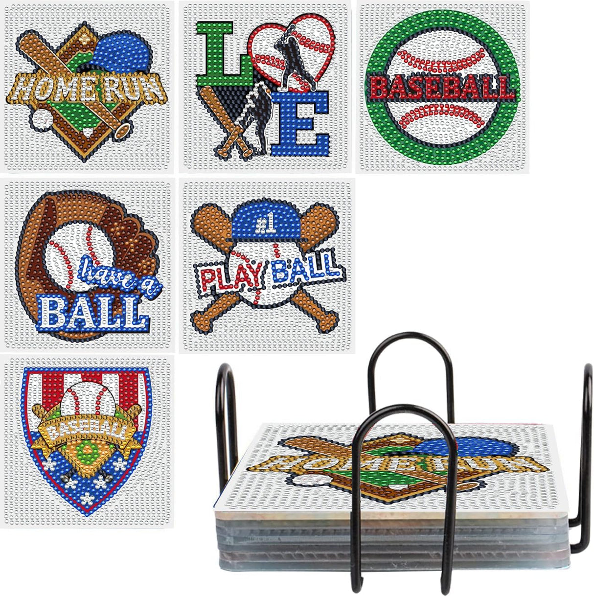 6 Pcs 5D DIY Baseball Diamond Paintings Coasters with Holder for Adults Beginners, Round Full Drill Diamond Art Craft Supplies QLBD-20 WoodArtSupply