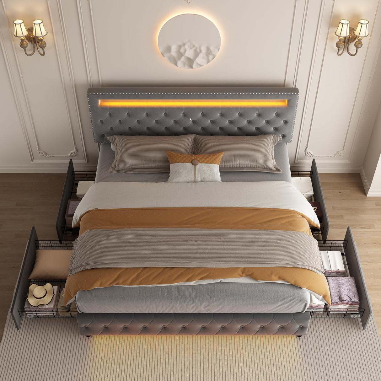 Queen Led Bed Frame with 4 Storage Drawers, with Smart Control RGBW LED Lights Headboard Footboard, Control DIY Color, Box Spring Optional, Velvet Grey WoodArtSupply