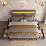 Queen Led Bed Frame with 4 Storage Drawers, with Smart Control RGBW LED Lights Headboard Footboard, Control DIY Color, Box Spring Optional, Velvet Grey WoodArtSupply