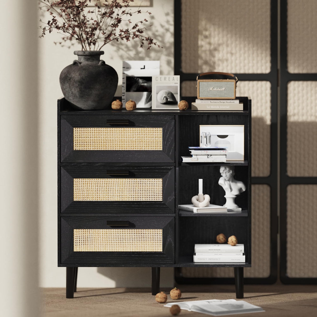 Hiwelldas Dresser Storage Cabinet with 3 Rattan Drawers & Adjustable Shelf Boho Bathroom Cabinet Large Chest of Dressers for Bedroom, Living Room, Hallway, Entryway (Black) Hiwelldas