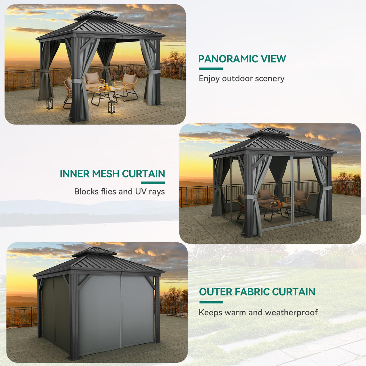 YITAHOME 10x10ft Hardtop Gazebo Heavy Duty Double Roof with Nettings and Curtains Galvanized Steel Outdoor Combined of Vertical Stripes Roof for Patio, Backyard, Deck, Lawns, Gray YITAHOME