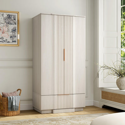 Yechen 64" Fluted Armoire Wardrobe Closet with Doors and Drawer, Wooden Wardrobe Cabinet with Adjustable Shelve, Modern Small Armoires for Hanging Clothes Coats for Bedroom, White Grey