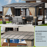 ASJMR 10x14FT Gazebo, Hardtop Wall Mounted Gazebo with Sloping Sun Panel Roof, Awnings for Patio with Metal Frame, Double Curtains for Garden, Lawn, Backyard Deck, Sand ASJMR