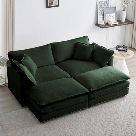 76.7" Deep Seat Sectional Cloud Sofa with 2 Ottomans & Soft Pillows, Loveseat Modular Couch for Living Room, Apartment, Small Space, Dark Green Chenille Tmsan