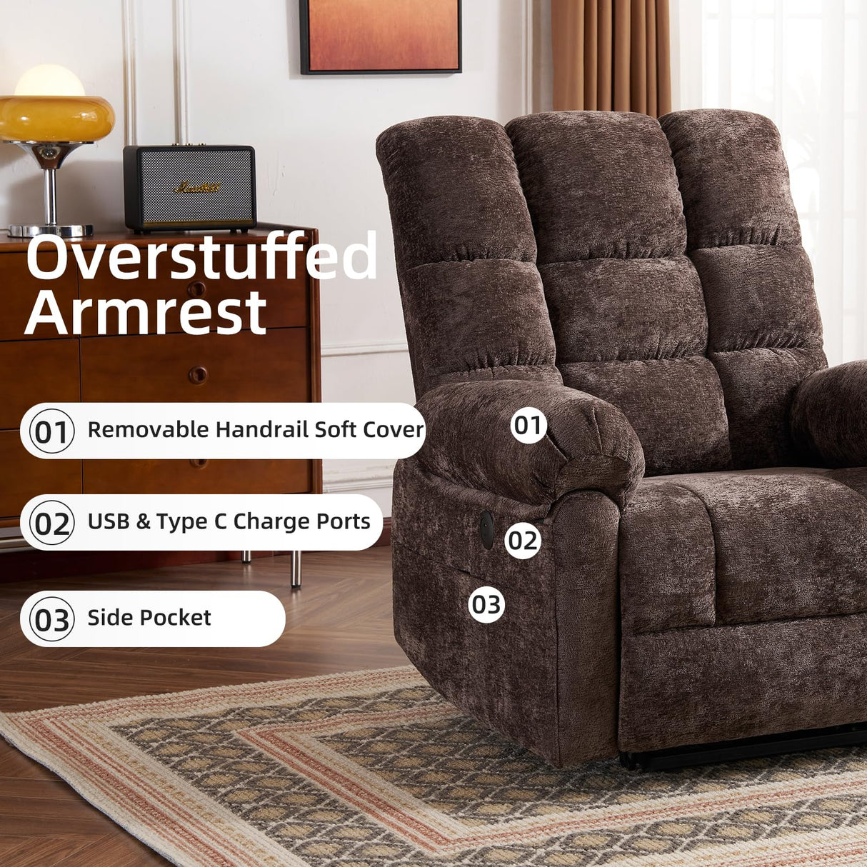 Rhevoy Oversized Power Lift Recliner Chair with Massage and Heat for Elderly, 26" Extra Wide Lift Chair for Big and Tall, Chenille Electric Lift Recliner with Overstuffed Backrest, USB Port, Coffee Rhevoy