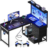 MOTPK L Shaped Gaming Desk with Shelf & 4 Drawers, 43" Reversible Computer Desk with LED Light, Home Office Table with Hutch and Hook, Black MOTPK