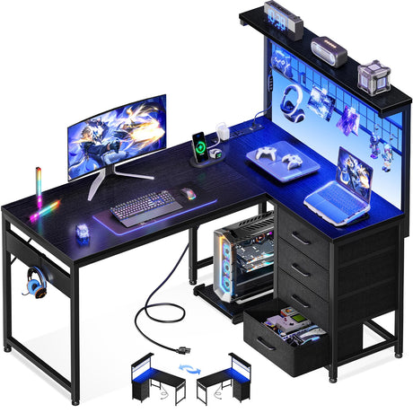 MOTPK L Shaped Gaming Desk with Shelf & 4 Drawers, 43" Reversible Computer Desk with LED Light, Home Office Table with Hutch and Hook, Black MOTPK