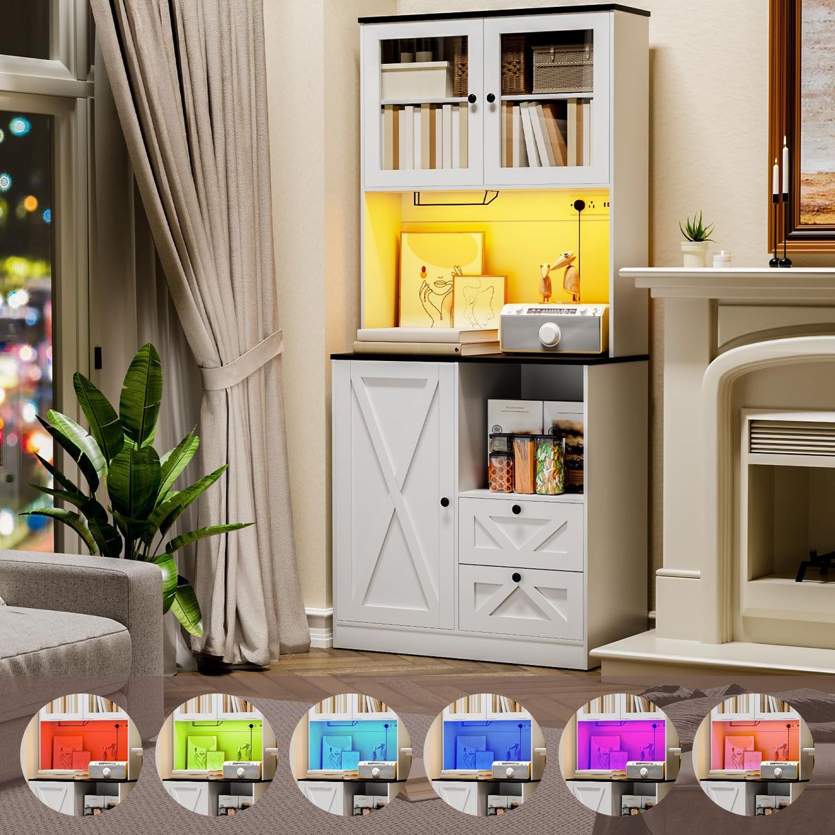 Frmobepts 71‘’Kitchen Pantry Storage Cabinet with LED Lights and Power Outlet, Tall Farmhouse Kitchen Hutch with Microwave Stand,Globet Hooks and Adjustable Shelf for Dining Living Room,White Frmobepts