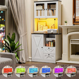 Frmobepts 71‘’Kitchen Pantry Storage Cabinet with LED Lights and Power Outlet, Tall Farmhouse Kitchen Hutch with Microwave Stand,Globet Hooks and Adjustable Shelf for Dining Living Room,White Frmobepts