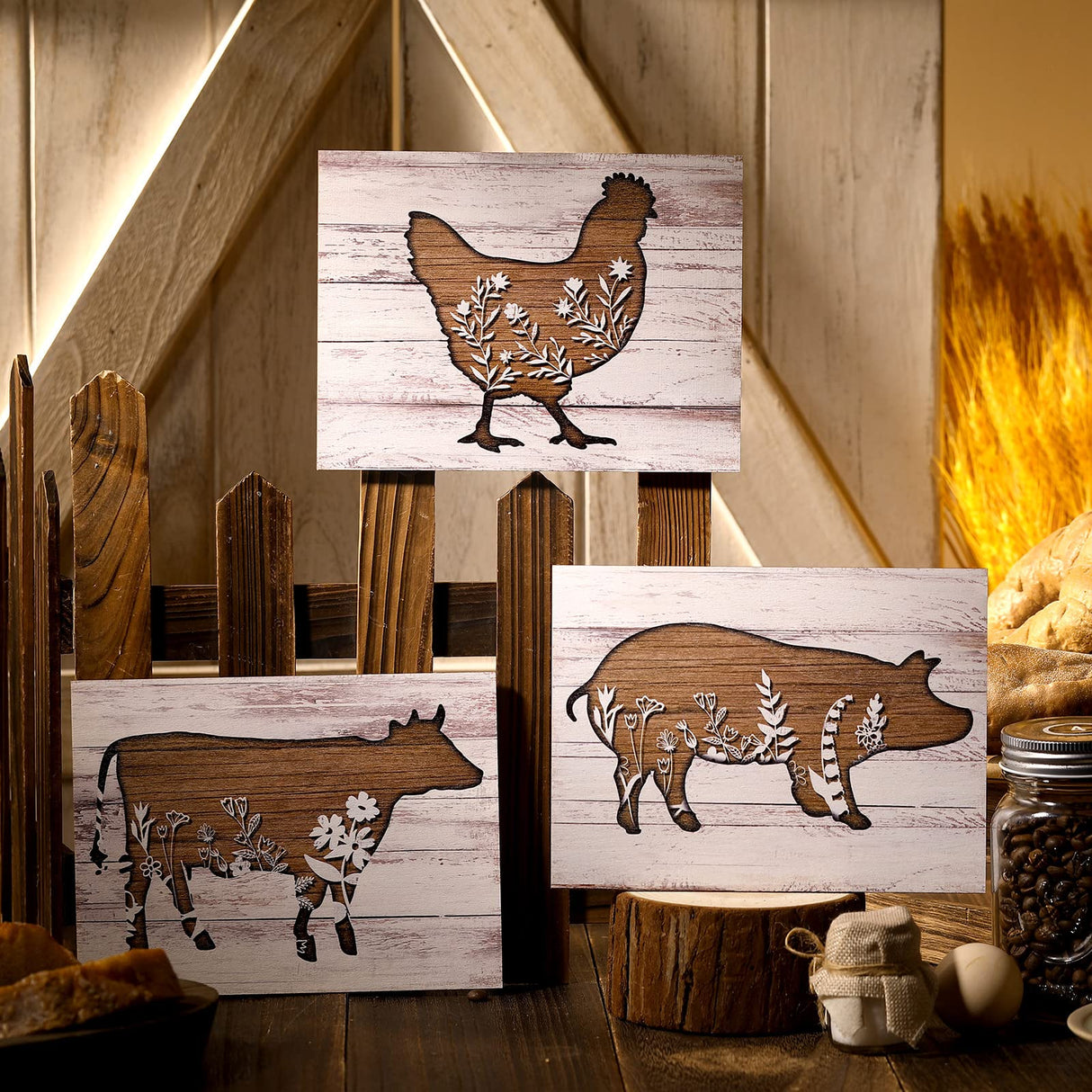 Jetec 3 Pieces Farmhouse Kitchen Signs Cow Rooster and Pig Decors 7.9 x 5.9 Inch Rustic Wooden Signs Country Wall Decorations for Kitchen Wall Decor and Home Decor (Cute Style) Jetec