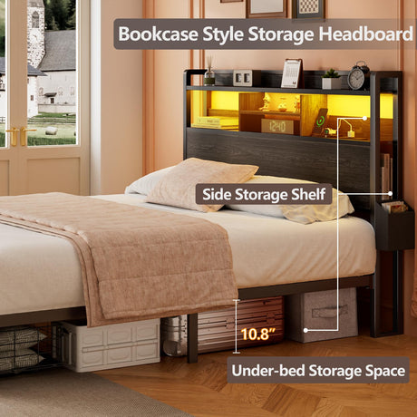 Furnulem Queen Bed Frame with Wood Headboard, Storage Drawers, LED Lights and Charging Station - Black Furnulem
