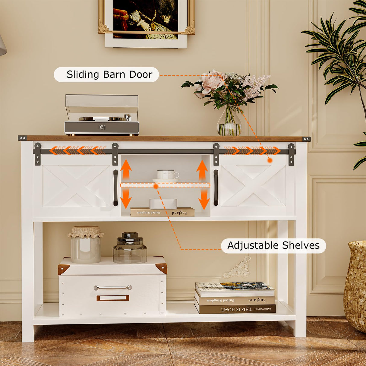HXBOAUVS Farmhouse Entryway Table with LED Light, Sofa Table with Sliding Barn Door, Adjustable Open Shelves, 46" Rustic Console Table with Storage, Antique White Hallway for Living Room Bedroom HXBOAUVS