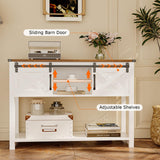 HXBOAUVS Farmhouse Entryway Table with LED Light, Sofa Table with Sliding Barn Door, Adjustable Open Shelves, 46" Rustic Console Table with Storage, Antique White Hallway for Living Room Bedroom HXBOAUVS