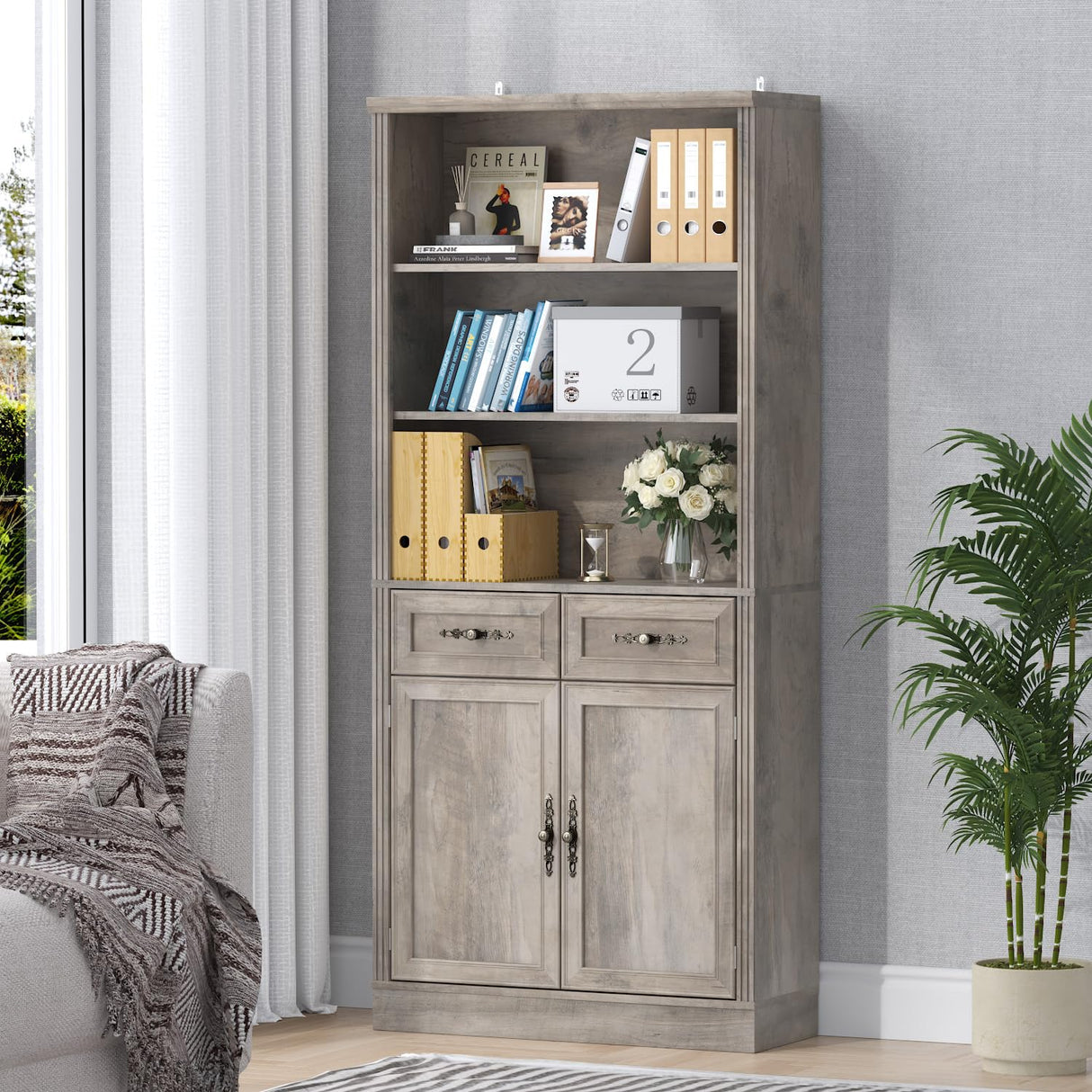 Thacuok Bookcase with Doors and Drawers, Adjustable Shelves, P2 MDF Construction, Freestanding Cabinet with Metal Handles, Hidden Storage for Living Room, Bedroom, Grey Thacuok