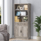 Thacuok Bookcase with Doors and Drawers, Adjustable Shelves, P2 MDF Construction, Freestanding Cabinet with Metal Handles, Hidden Storage for Living Room, Bedroom, Grey Thacuok