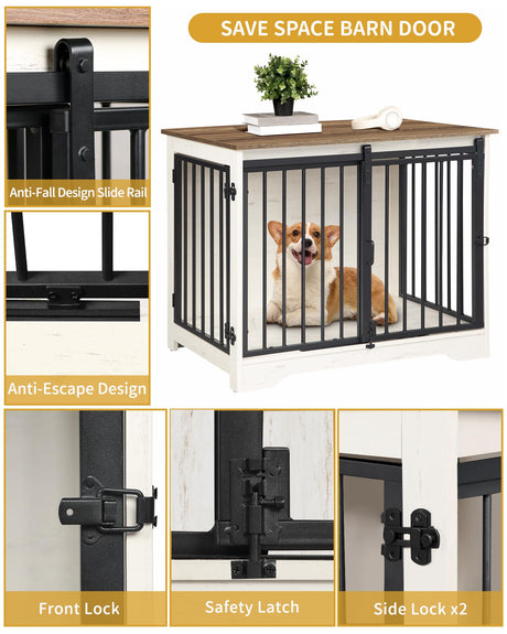 Hzuaneri Dog Crate Furniture, 32" Double Door Dog Crate with Barn Door, Dog Kennel Indoor, End Side Table Wooden Dog Crate for Small Medium Large Dog, Anti-Chew Anti-Escape, White Brown Hzuaneri