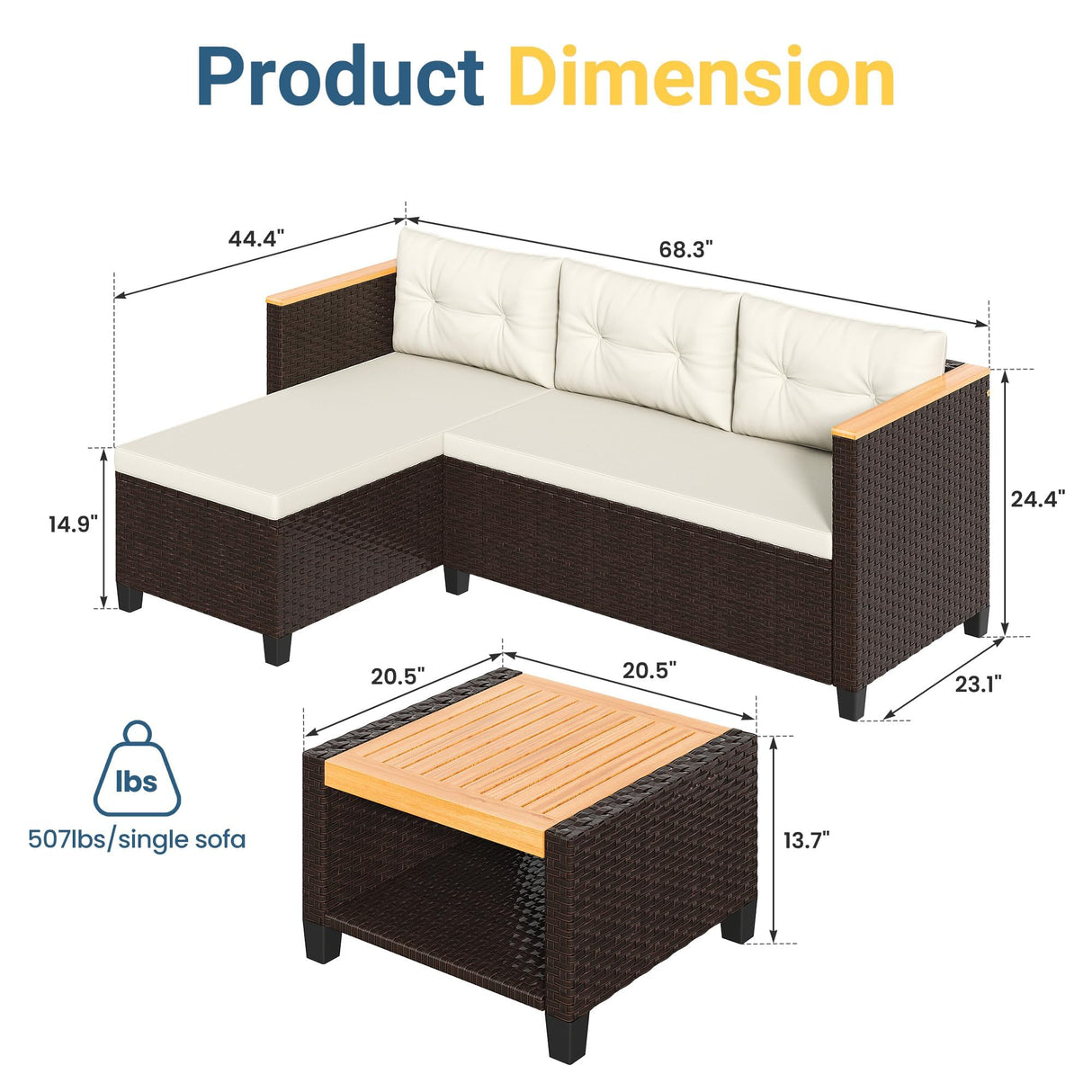 Green4ever 3-Piece Outdoor Patio Furniture Set, All-Weather PE Rattan Patio Sofa with Storage Table, L Shaped Outdoor Couch with Cushions, Small Patio Sectional for Balcony Garden, Beige Green4ever