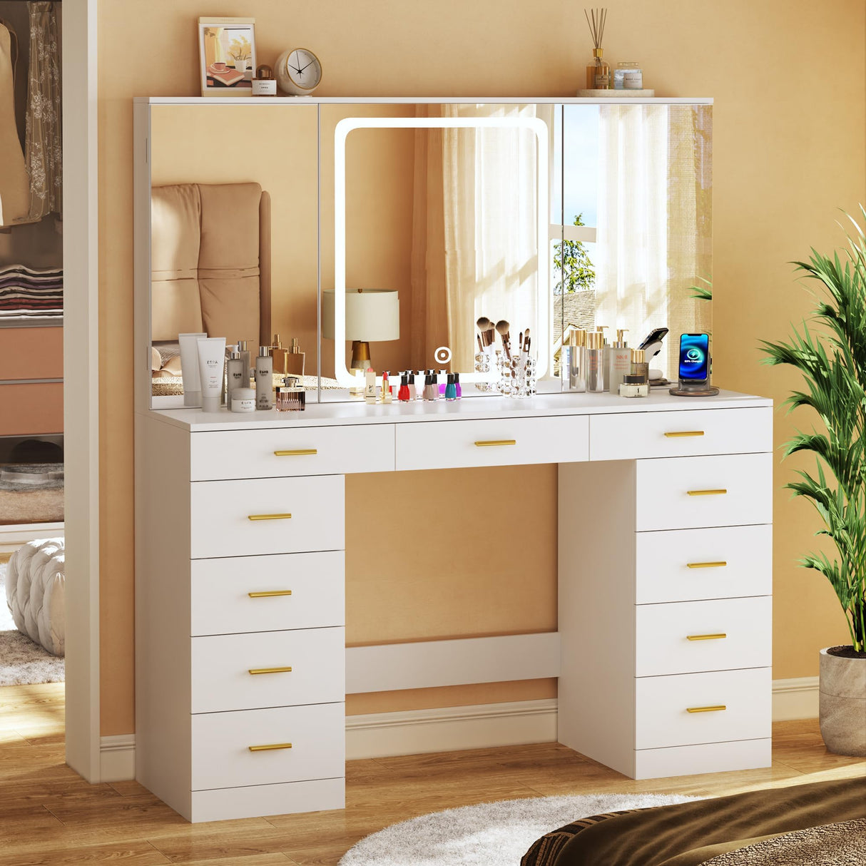 Vanity Desk with Mirror and Lights, 47.2" Makeup Vanity with 11 Storage Drawers and Hidden Storage Shelves, White Vanity with Charging Stations & 3 LED Lighting Modes Adjustable, for Bedroom HUAHUU