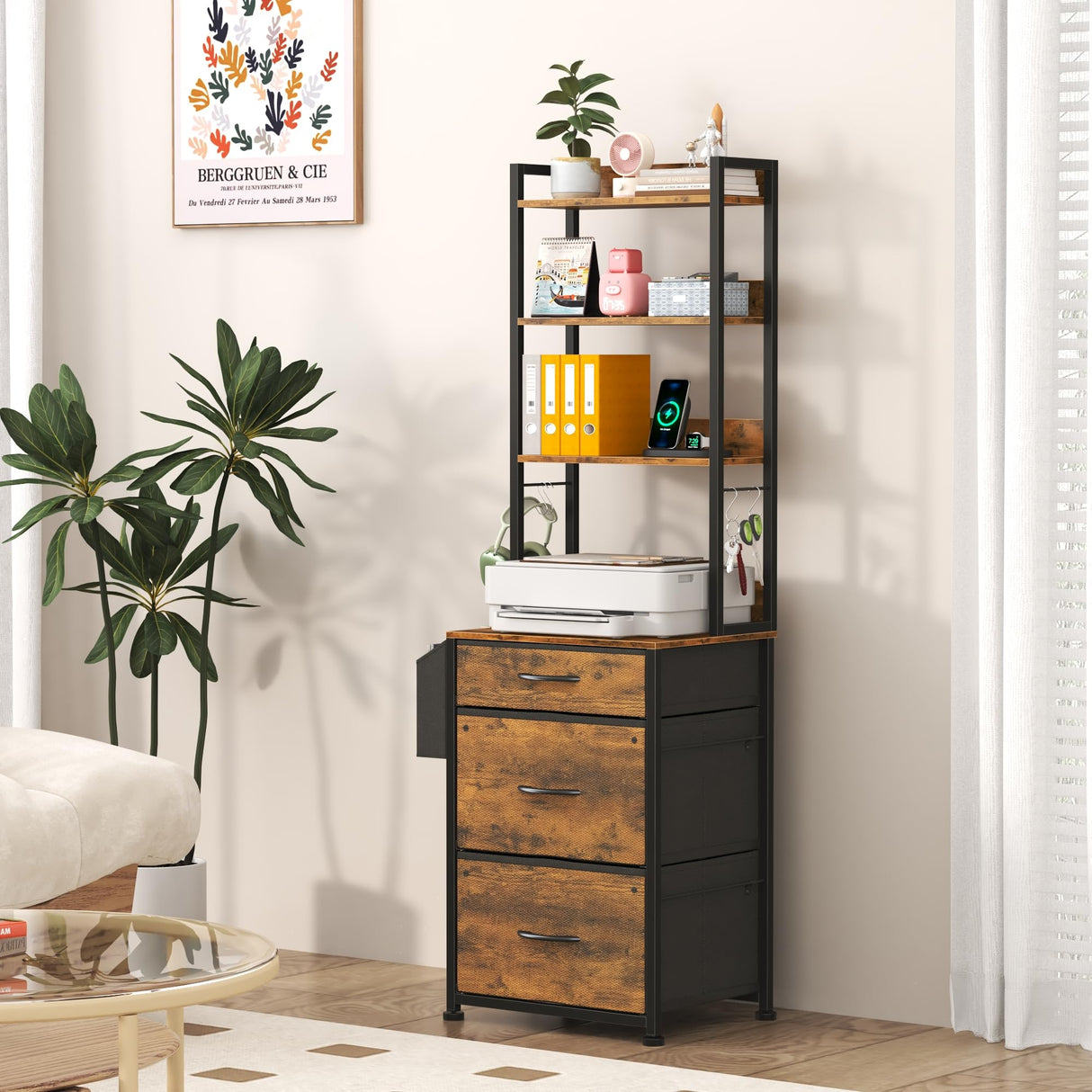 GYIIYUO 3 Drawer Tall 69''H File Cabinet with Charging Station, 4-Tier Filing Cabinet with Adjustable Shelf, Fabric Drawer, Printer Stand for Home Office, Fits A4/Letter/Legal, Rustic Brown