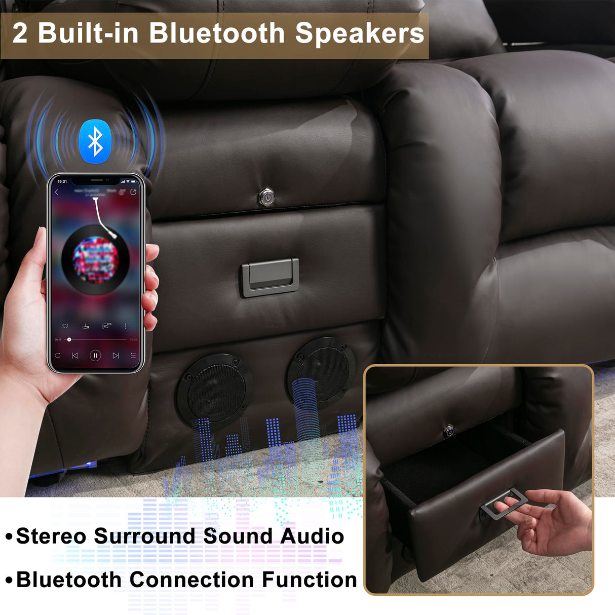 URRED Loveseat Recliner Sofa with Massage and Heat, Power Reclining Loveseat Sofa RV Couch with Console, Home Theater Seating with LED Lights, Bluetooth Speaker, USB, Outlets, Faux Leather, Dark Brown URRED