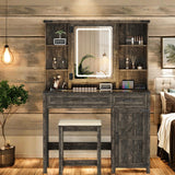 GlasFlength Farmhouse Makeup Vanity with Lighted Mirror,Vanity Desk with Charging Station,Vanity Table with Hidden Jewelry Cabinet,40'' Makeup Table with Glass Tabletop,Stool Included,Vintage Black GlasFlength