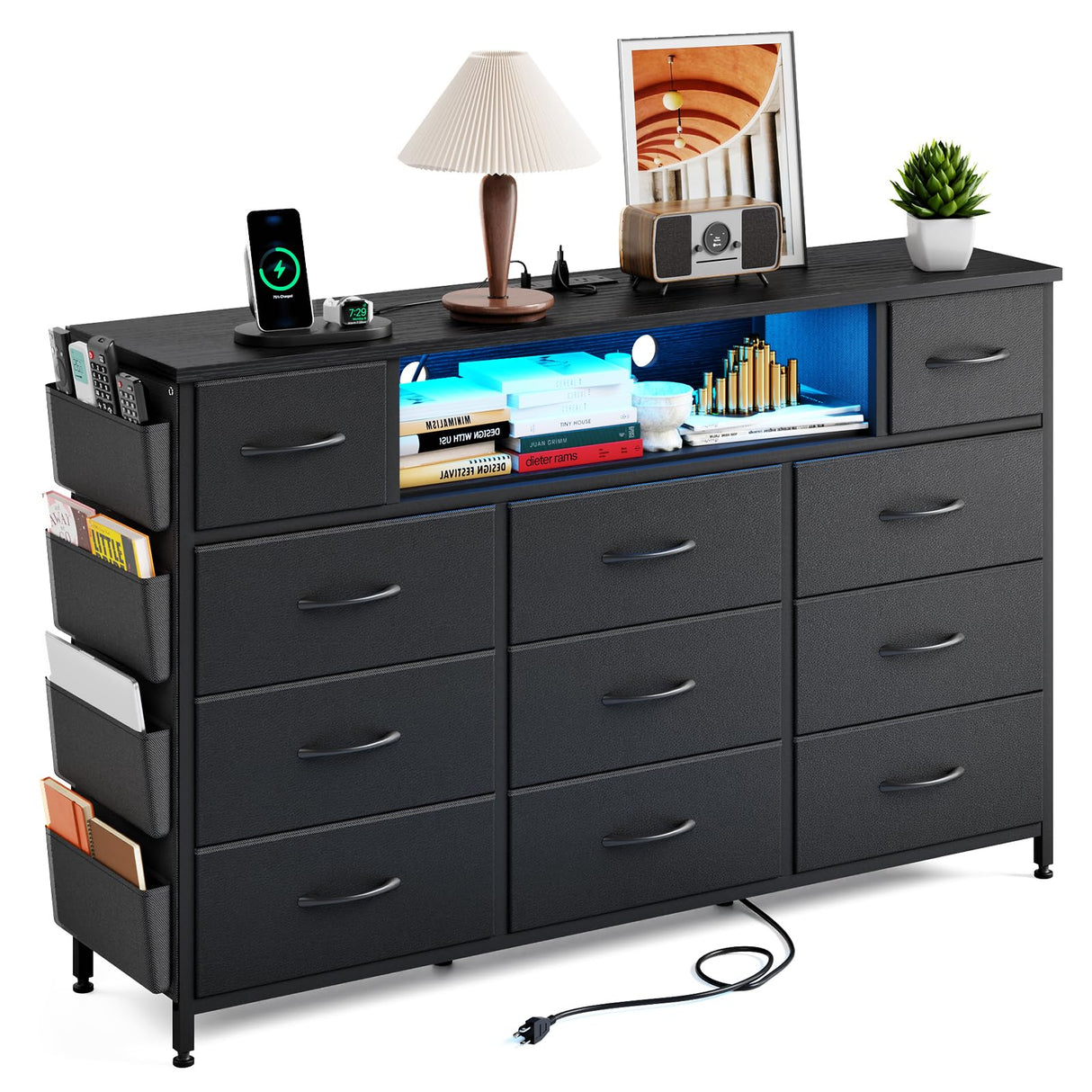 Fixwal Black Dresser for Bedroom with Power Outlets and LED Lights 11 Drawers Dresser with Side Pocket for Kids Bedroom, Fabric Chest of Drawers, for 60inch TV Long Dresser Storage Organizer Fixwal