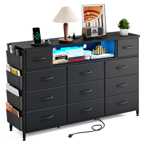 Fixwal Black Dresser for Bedroom with Power Outlets and LED Lights 11 Drawers Dresser with Side Pocket for Kids Bedroom, Fabric Chest of Drawers, for 60inch TV Long Dresser Storage Organizer Fixwal