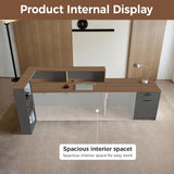 Huariifowm Modern L Shape Reception Desk with Counter,Stylish Front Desk Reception Counter with Drawers, Open Shelves, and Keyboard Tray (Walnut+Iron Gray/Left, 71" L*24" W*41" H) Huariifowm