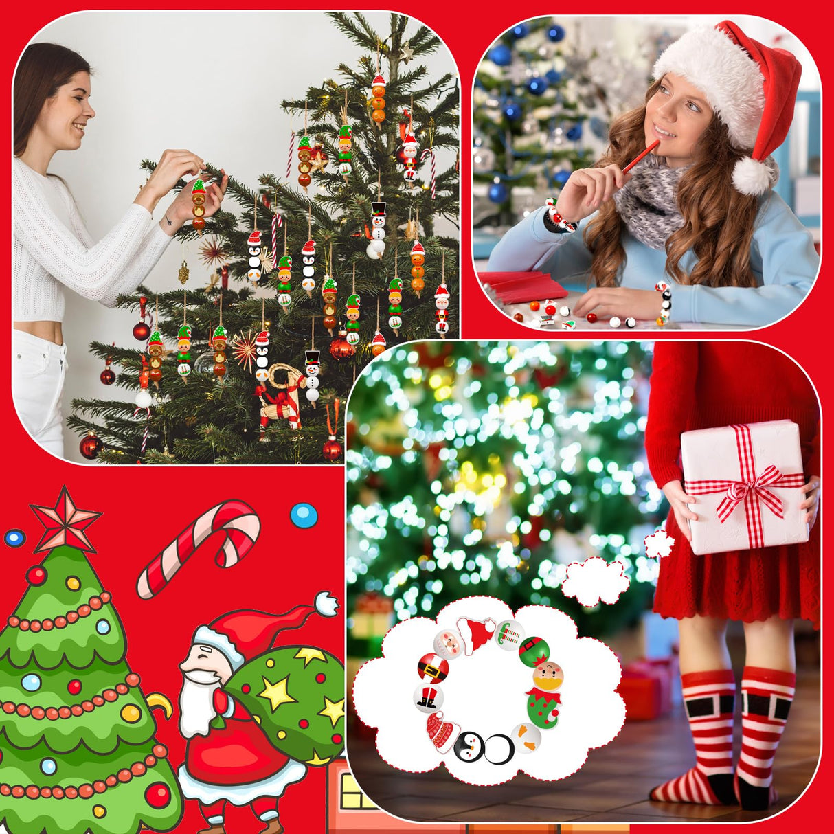 Cinnvoice 240 Pcs Christmas Wood Beads with Twine Santa Gingerbread Man Penguin Snowman Elf Wooden Beads Garland Christmas DIY Crafts Round for Xmas Winter Party Farmhouse Home Decor Cinnvoice