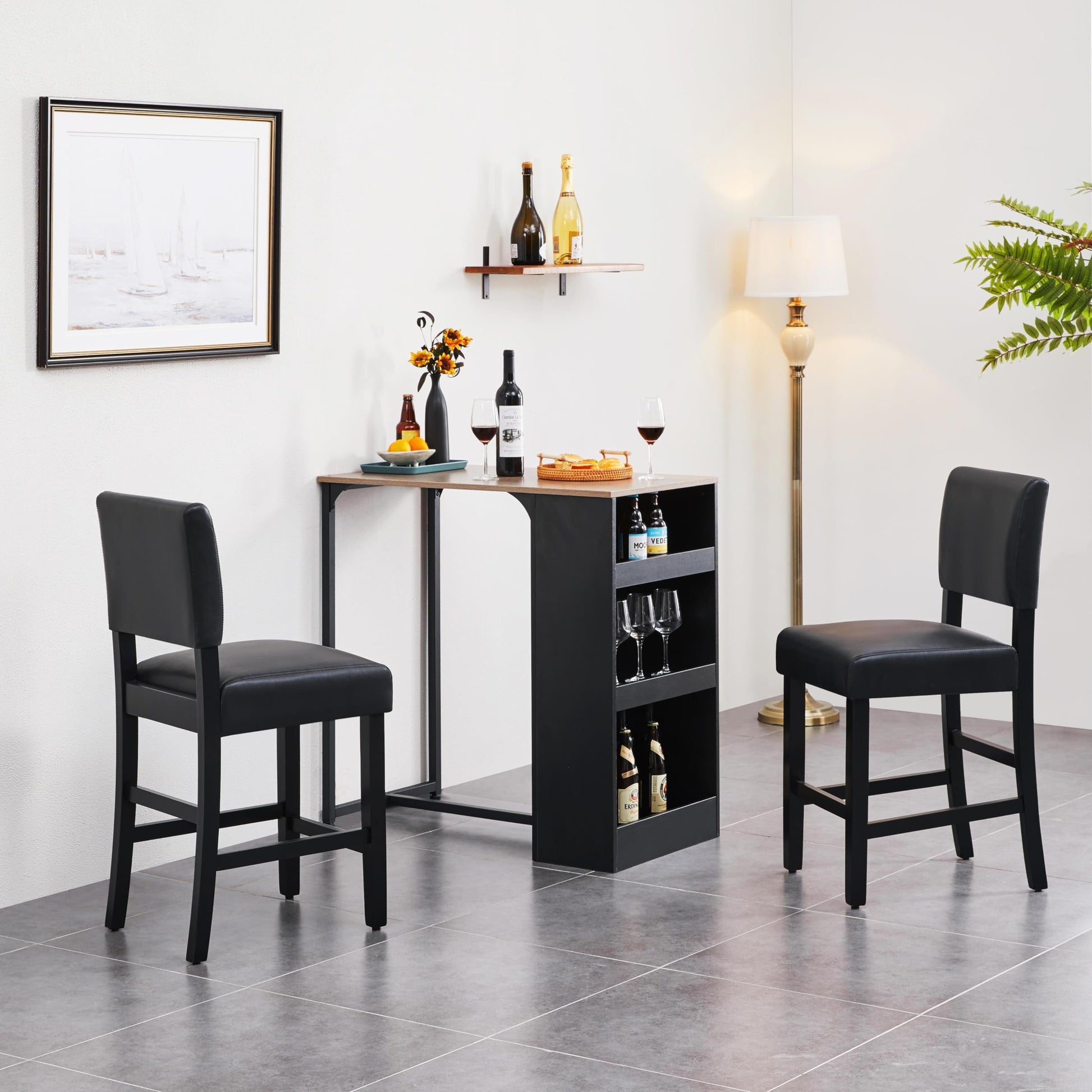 Yaheetech Bar Stools Set of 2 Faux Leather Bar Stools Modern Square Counter Height Island Chair with Solid Wood Legs and Upholstered Back, 2pcs, Black - WoodArtSupply