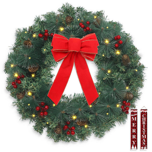 Outdoor Christmas Wreath for Front Door, Christmas Wreaths 20in Indoor Christmas Wreath, PVC Tips, Bow Ribbon, Christmas Door Banner