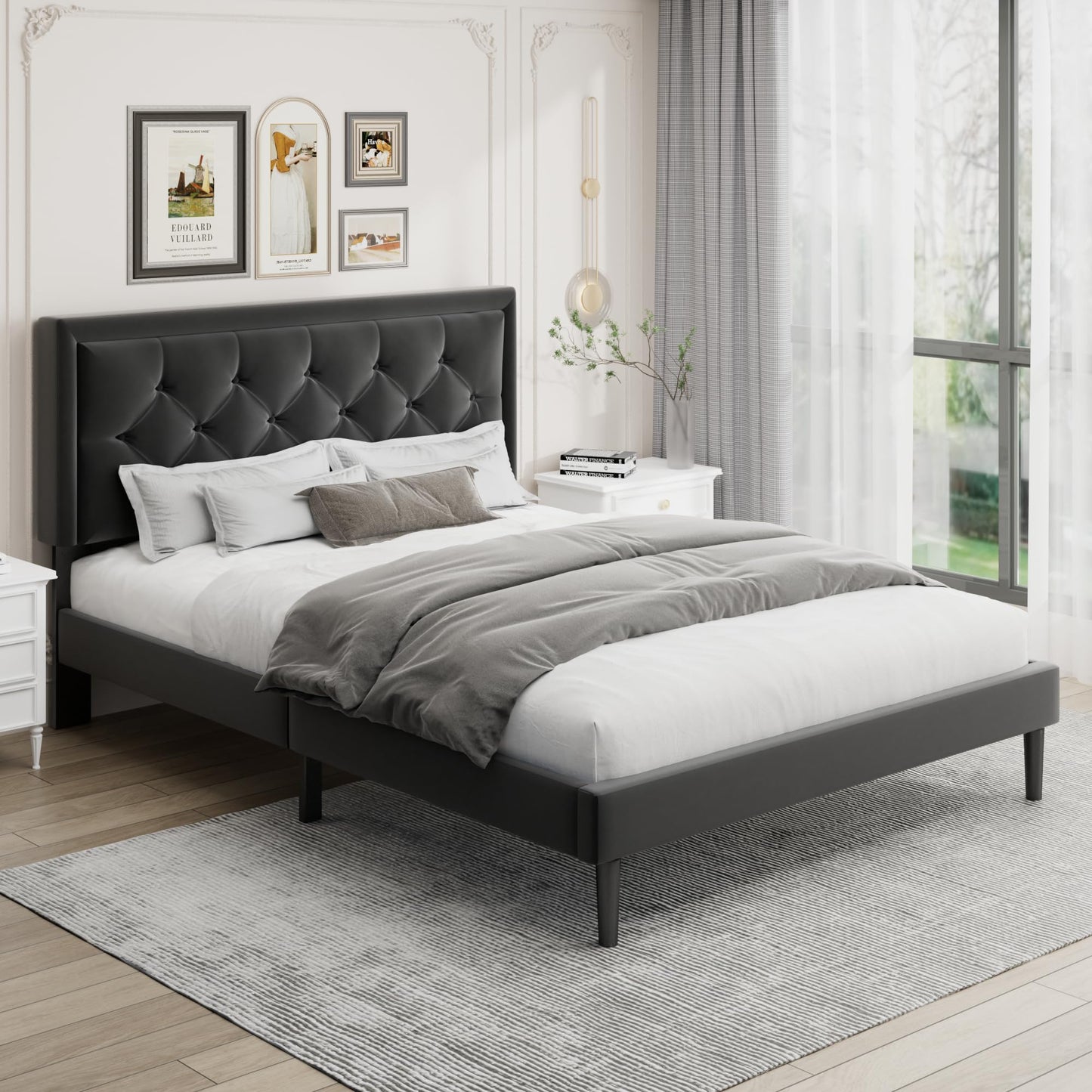 Sismplly Queen Size Platform Bed Frame with Velvet Headboard, Modern Upholstered Mattress Foundation with Wooden Slats Support, No Box Spring Needed, Noise Free, Easy Assembly, Black