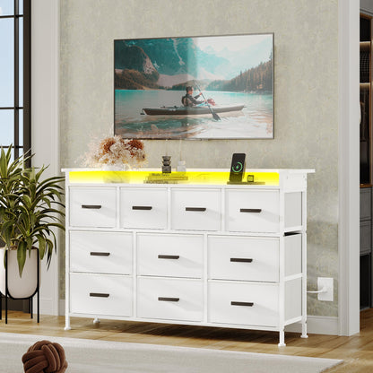 NASHZEN Dresser TV Stand with 10 Drawers, Dresser TV Stand with LED Lights & Power Outlets, Bedroom Make-up Dresser, Chest of Drawers up to 50'' Long TV, Wide Fabric Dresser with Shelf, White