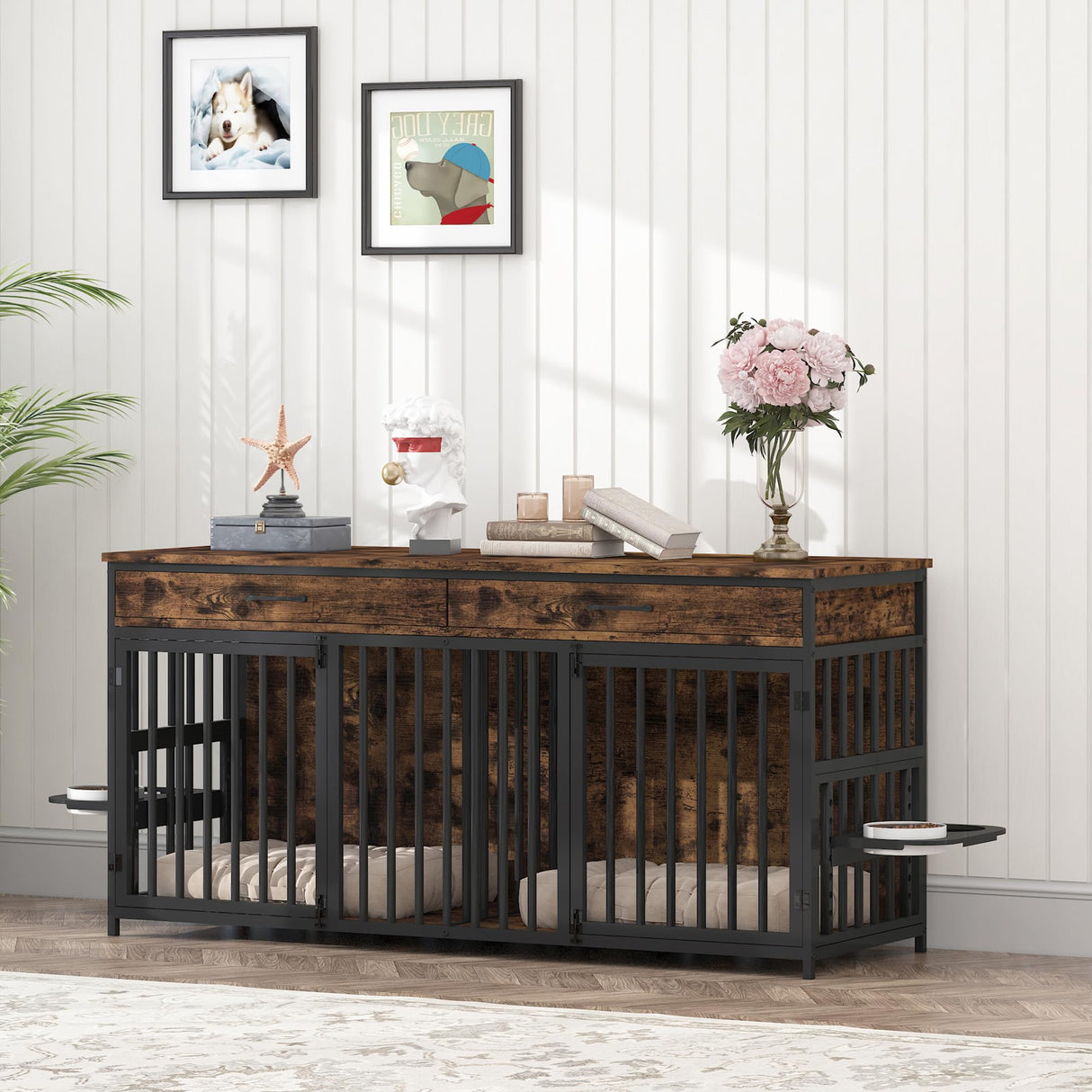 NEOCOZY Double Dog Crate Furniture, Indoor Large Heavy Duty, 72x24x36 inch Dog Crate Furniture for 2 Dogs with Bowl Stand NEOCOZY