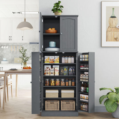 Yusong Tall Kitchen Pantry Storage Cabinet with Doors and Shelves, Wooden Food Pantry Farmhouse Cupboard Freestanding Buffet for Kitchen Dining, Grey - WoodArtSupply