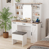 43" Farmhouse Makeup Vanity Desk with Lights and Chair, Vanity Table with Sliding Mirror and Power Strips, 3 Drawers & 2 Cabinets, Open & Hidden Shelves, Stool Included, White Dressing Table amzzar
